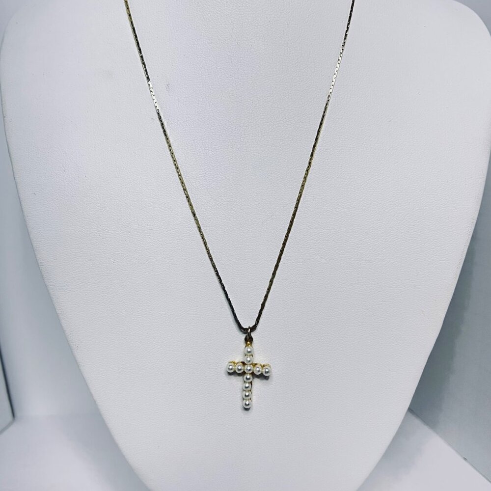 Gold Tone Triangle Link Chain Necklace With Faux Pearl Cross Pendant (5708)